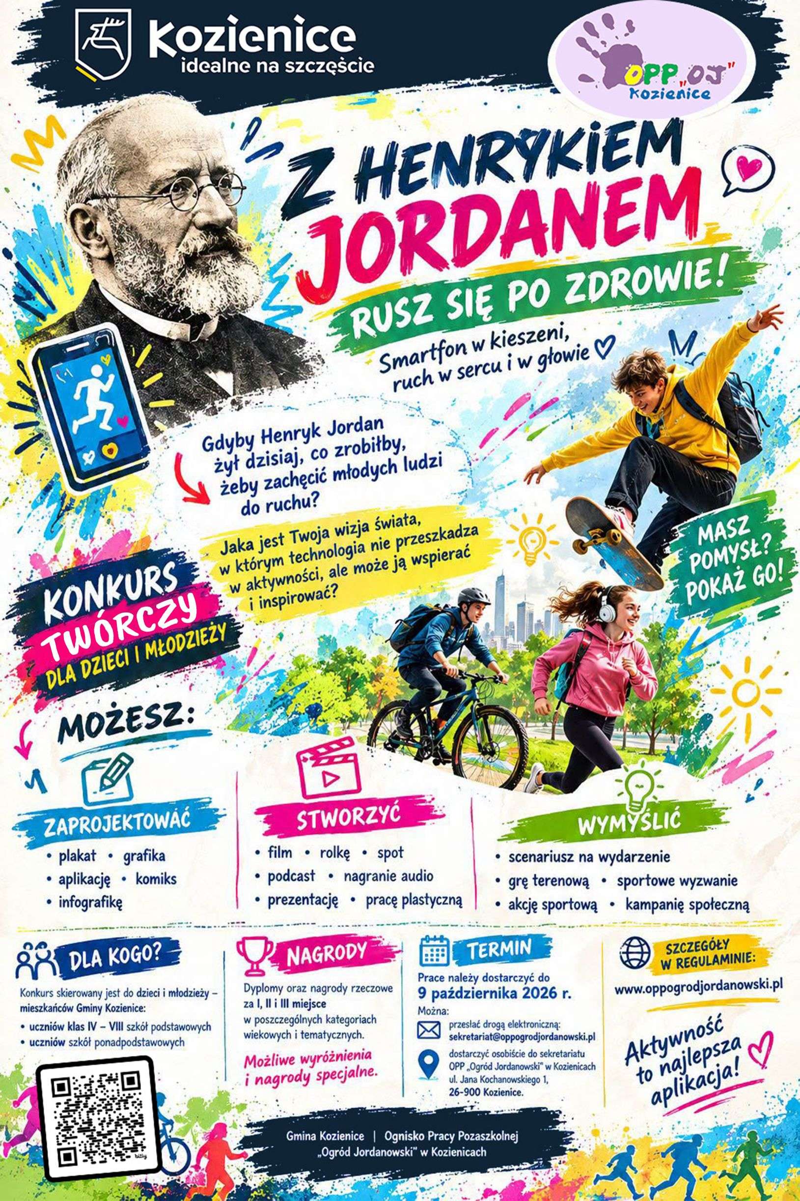 Plakat. Popiersie Jordana. Młodzież jeżdżąca na rowerze. Informacje z postu.