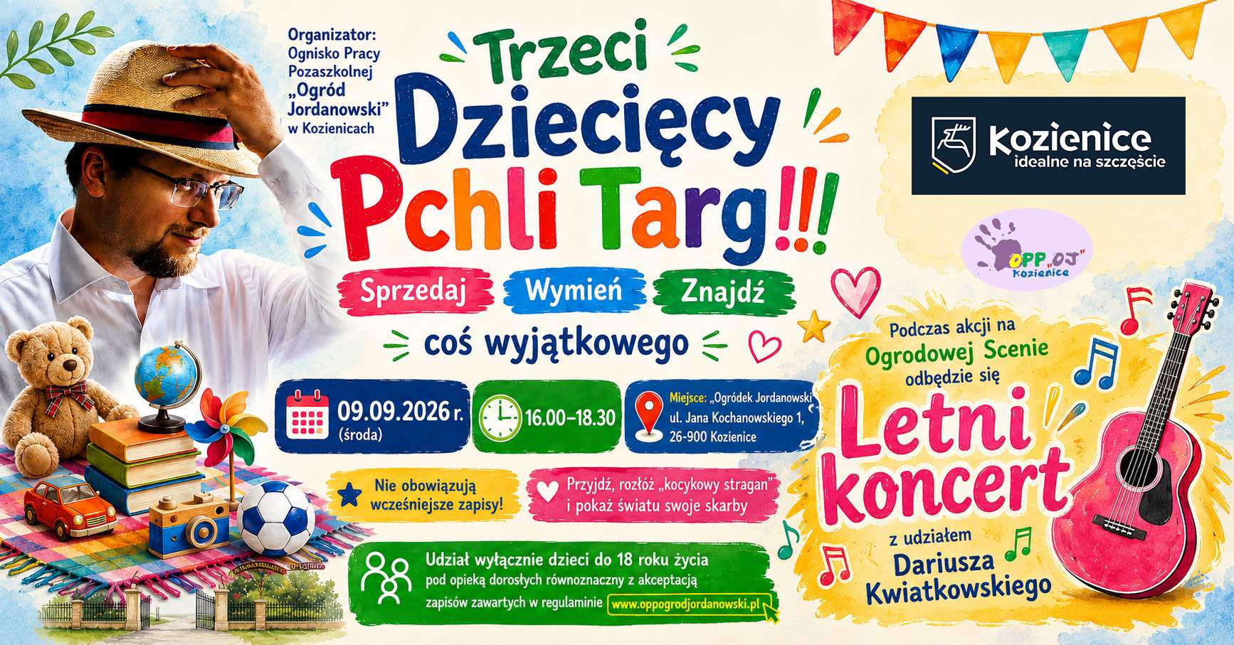 Plakat Pchlego targu z informacjami. Artysta w kapeluszu, książki, zabawki i gitara.