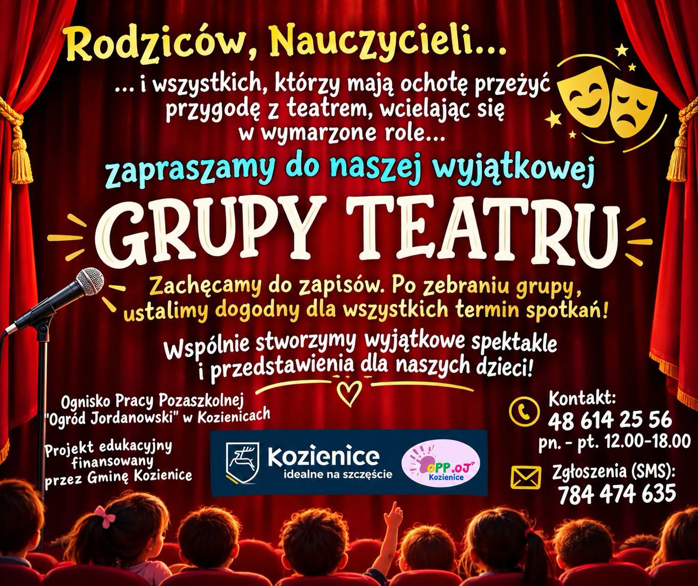 Czerwone kurtyny. Dzieci siedzące na widowni. Styl rysunkowy. Treść ogłoszenia.