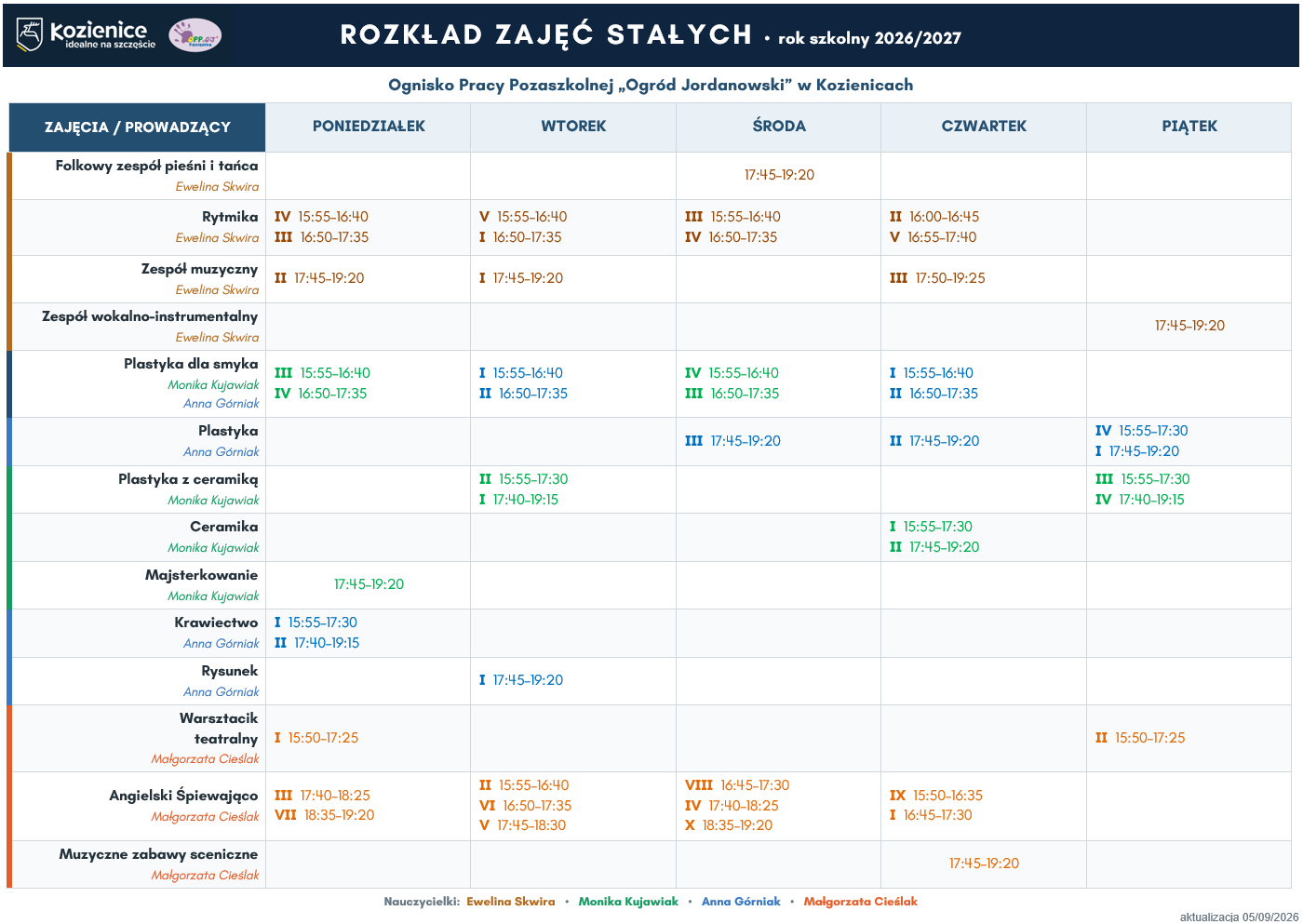 tabela - rozkład zajęć, niżej dostępna w PDF